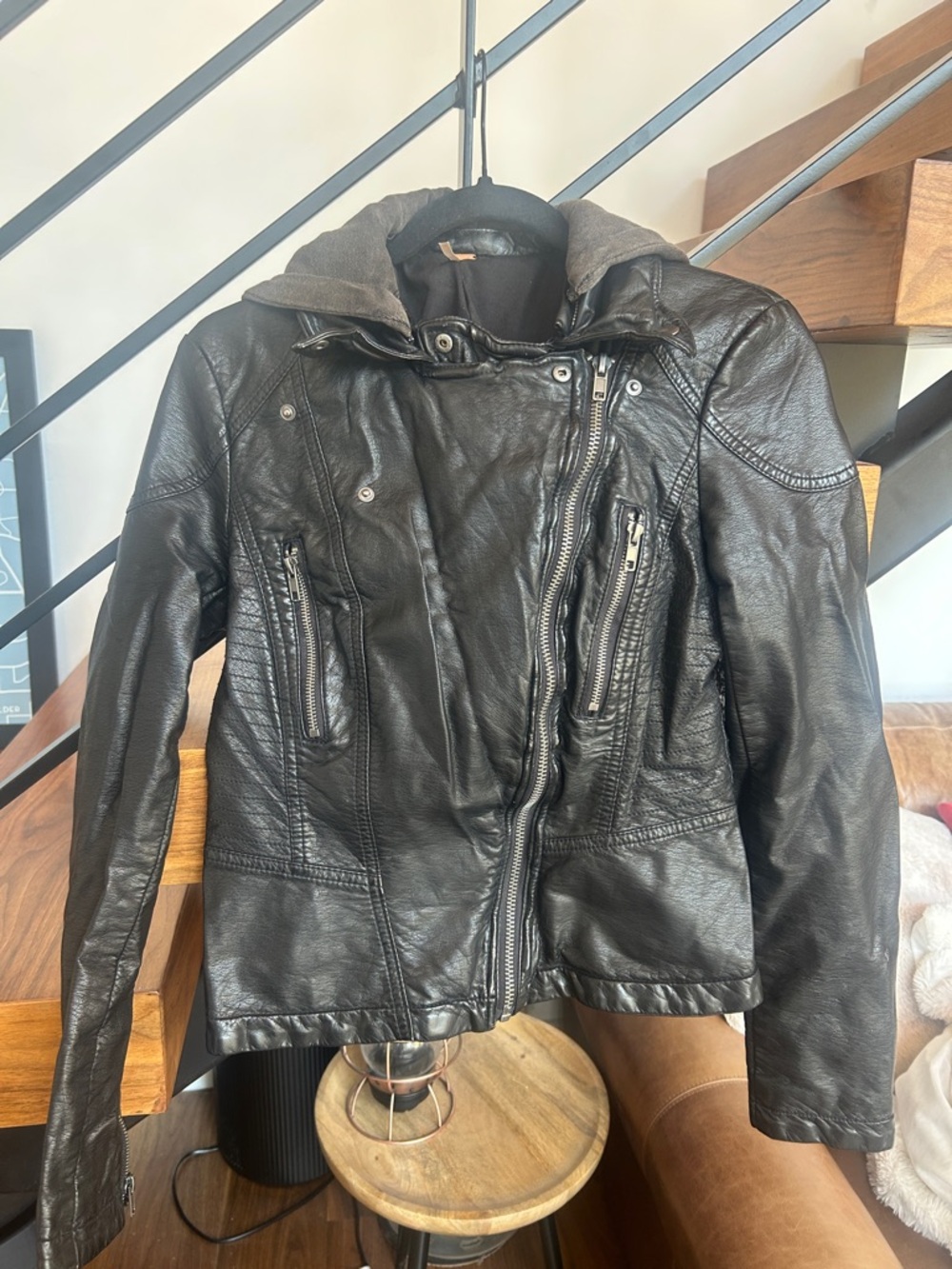 Free People Vegan Classic Black Leather Moto Jacket with Removable Hood